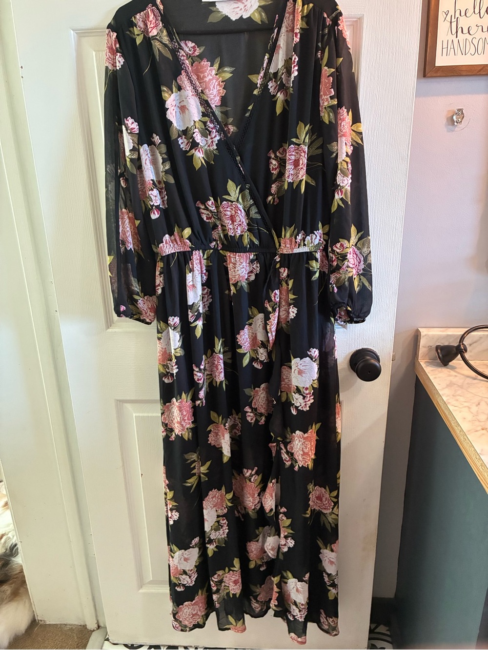 JustFab Floral Maxi Dress XL Black Pink Long Sleeve Surplice Dress